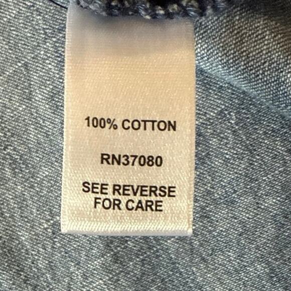 Cato Chambray Pearl Snap Top Size Large Roll Tab Sleeve Coastal Cowgirl Western - Picture 6 of 10